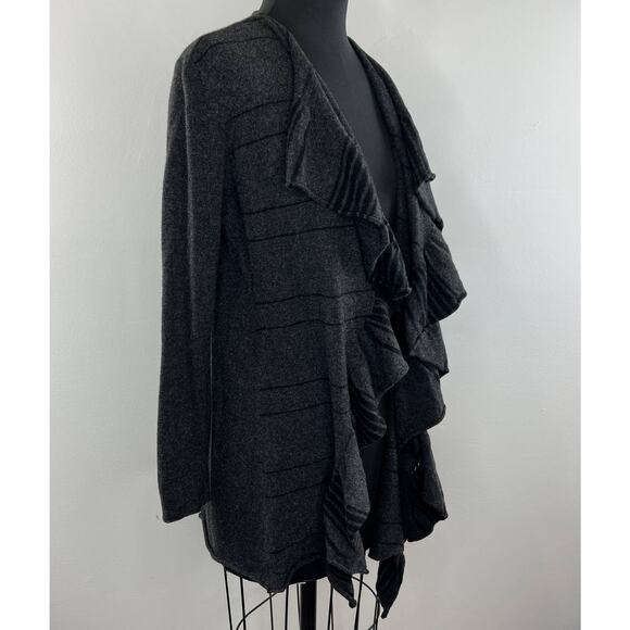 Eileen Fisher Gray Black Merino Wool-Cashmere Ruffle Waterfall Cardigan Size S - Picture 3 of 8